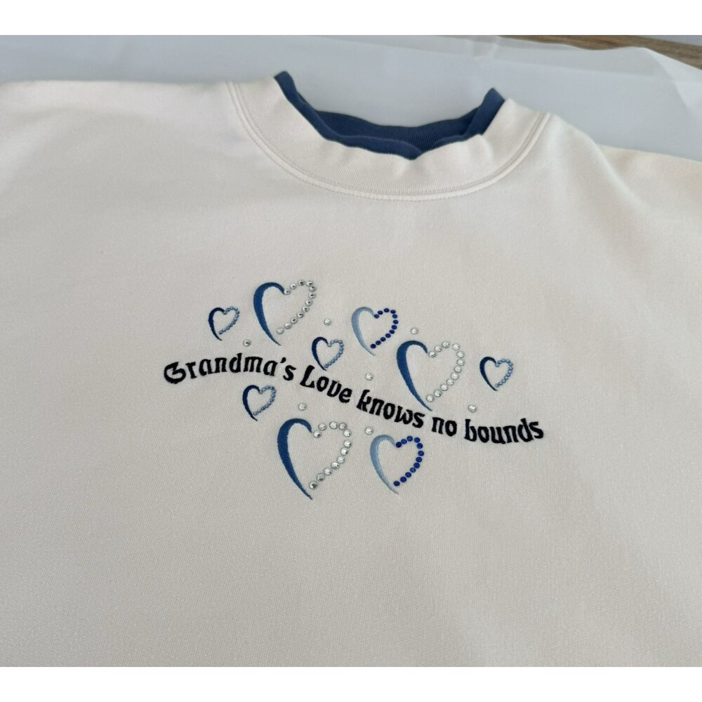 Vtg 90s M&C Sportswear Sweatshirt L Grandma's Love Embroidered Ivory Blue Bling